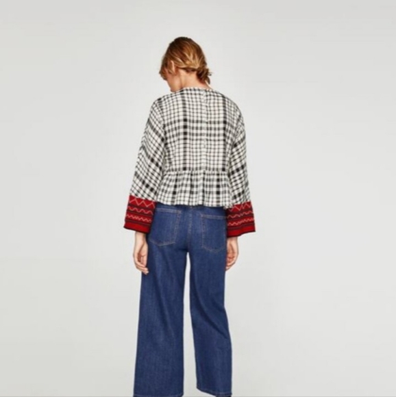 Zara Women's Embroidery Top Blouse Black and White Plaid size Medium - Picture 2 of 11